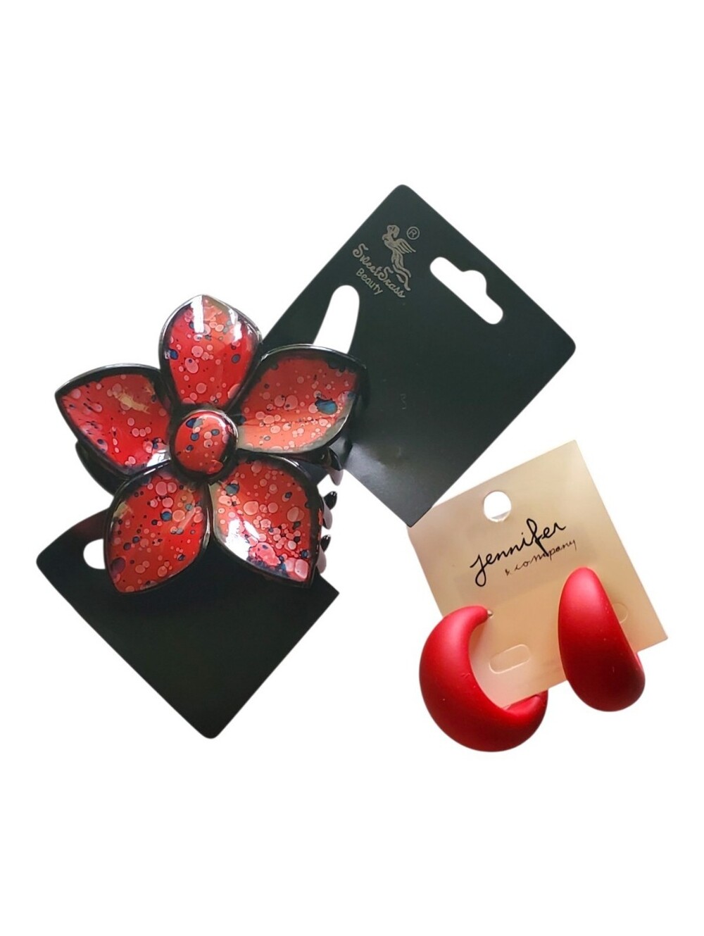 Hair Claw & Red Open Hoop Earrings